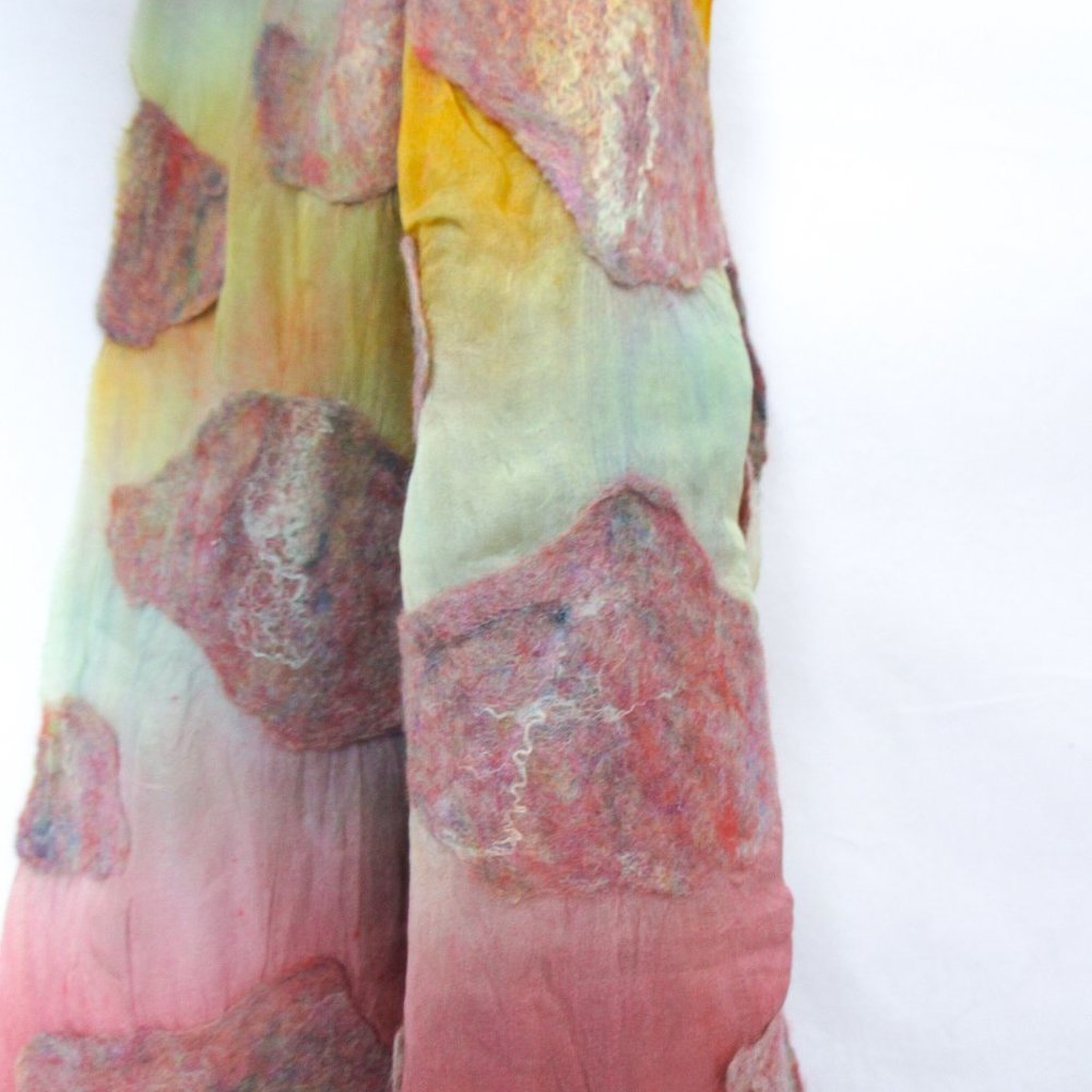 ARTISAN Ombre Dyed Silk Scarf Felted Cloud Detail Applique/ Multicolor- Long - Picture 7 of 7